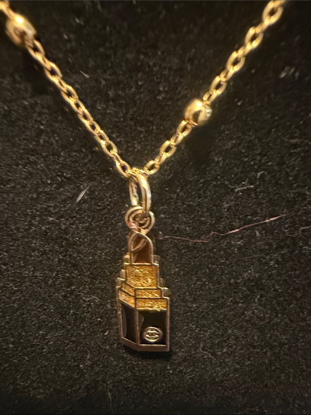 Inspired Delicate Gold Bead Necklace with Miniature Lipstick Pendant - Picture 2 of 4
